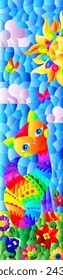 Stained glass illustration with a rainbow cartoon cat against a blue sky, flowers and sun