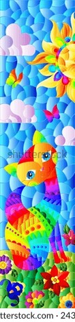 Stained glass illustration with a rainbow cartoon cat against a blue sky, flowers and sun