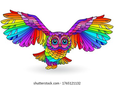 Stained glass illustration with rainbow owl, bright bird isolated on white background