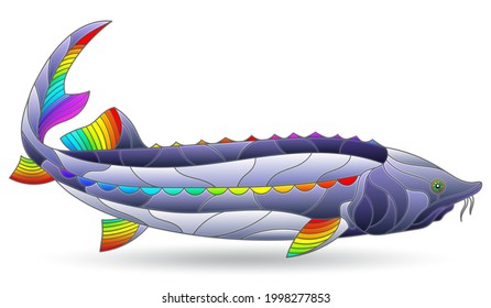 Stained glass illustration with a rainbow sturgeon fish, an animal isolated on a white background
