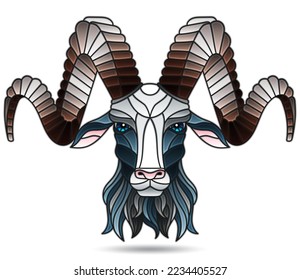 Stained glass illustration with a ram head, animal isolates on white background