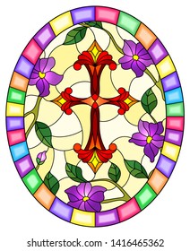 Stained glass illustration with a  red Christian cross  and pink flowers on yellow background, oval picture in a bright frame