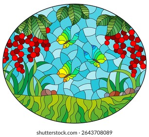 Stained glass illustration with red currant branches and butterflies on a meadow and sky background
