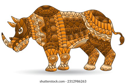 A stained glass illustration with a rhinoceros, the animal isolated on a white background, tone brown