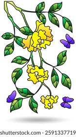 Stained glass illustration with rose branches and butterflies, flowers isolated on a white background