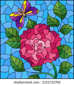 Stained glass illustration with a rose flower and a butterfly on a blue background