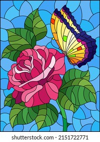 Stained glass illustration with a rose flower and a butterfly on a blue background