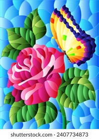 Stained glass illustration with a rose flower and a butterfly on a blue background