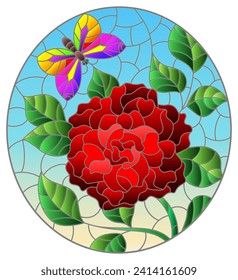 Stained glass illustration with a rose flower and a butterfly on a blue background, oval image 