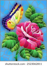 Ilustración de vitrales con una flor de rosa y una mariposa sobre un fondo azul