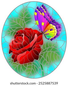 Ilustración de vitrales con una flor de rosa y una mariposa sobre un fondo azul, Imagen ovalada 