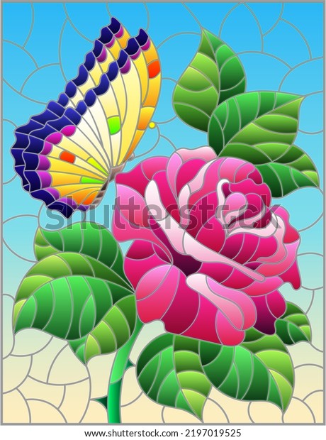 Stained glass illustration with a rose flower and a butterfly on a blue background