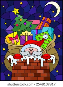 Ilustração de vidro manchado com Papai Noel e um saco de presentes no telhado contra o fundo do céu noturno