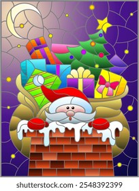 Stained glass illustration with Santa and a bag of gifts on the roof against the background of the night sky