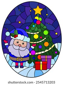 A stained glass illustration with Santa, a Christmas tree on a starry sky background