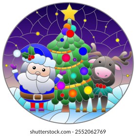 A stained glass illustration with Santa, a Christmas tree and a deer on a starry sky background