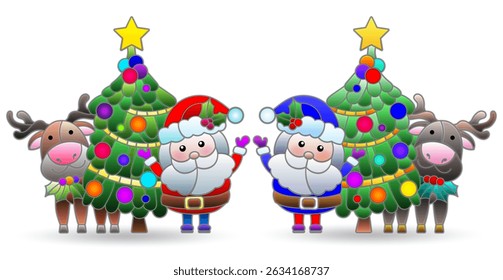 A stained glass illustration with Santa, a Christmas tree and a deer on a starry sky background