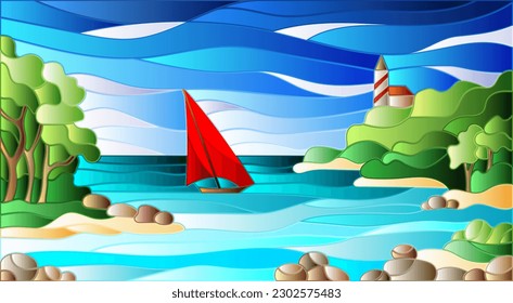 Stained glass illustration with sea views, sailing in rocky Bay on the background of sea and sun