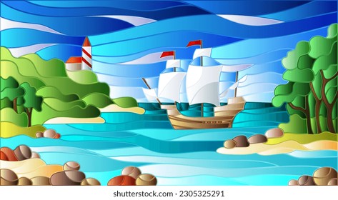 Ilustración de cristal con vistas al mar, barco de vela y faro en la bahía rocosa sobre el fondo del mar