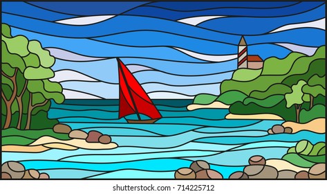 Stained glass illustration with sea views, sailing in rocky Bay on the background of sea and sun