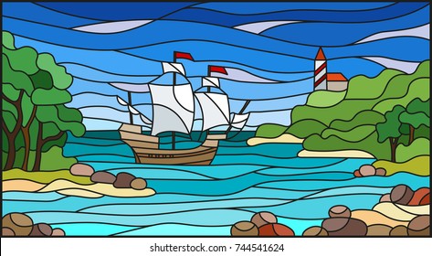 Stained glass illustration with sea views, sailing ship and the lighthouse in rocky Bay on the background of sea