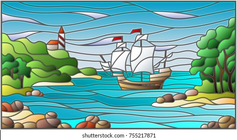 Stained glass illustration with sea views, sailing ship and the lighthouse in rocky Bay on the background of sea