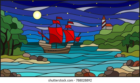 Stained glass illustration with sea views, sailing with red sails in rocky Bay on the background of sea , moon and starry sky