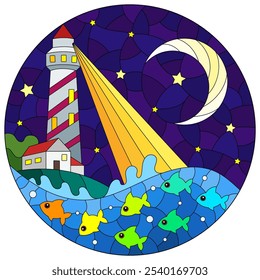 A stained glass illustration with a seascape, a lighthouse against the background of the night sky and water