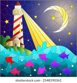 A stained glass illustration with a seascape, a lighthouse against the background of the night sky and water