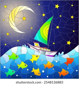 A stained glass illustration with a seascape, a ship against the background of the night sky and water