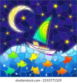 A stained glass illustration with a seascape, a ship against the background of the night sky and water