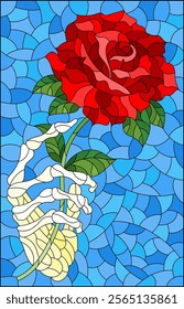 Stained glass illustration with a skeleton hand and a rose on a blue background