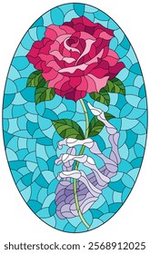 Stained glass illustration with a skeleton hand and a rose on a blue background