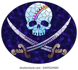 Stained glass illustration with a skull and daggers on a blue background, oval image