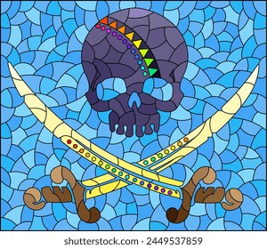 Stained glass illustration with a skull and daggers on a blue background