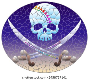 Stained glass illustration with a skull and daggers on a blue background, oval image