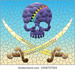 Stained glass illustration with a skull and daggers on a blue background