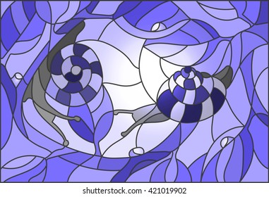 Stained glass illustration of a snail on a branch against the sky and the sun in blue tones