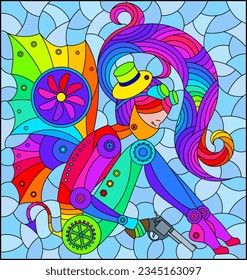 A stained glass illustration with a steampunk girl on a blue background