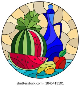 Stained glass illustration with still life, jug and sliced ripe watermelon, round image