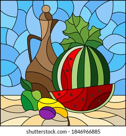 Stained glass illustration with still life, jug and sliced ripe watermelon, square image