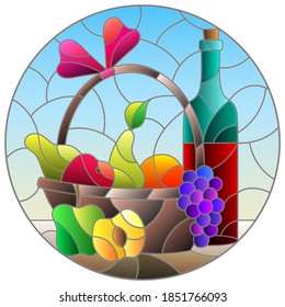 Stained glass illustration with still life, wine bottle and fruit basket, round image