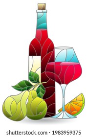 Ilustración de vidrio manchado con vida residual, botella de vino y fruta aislada en un fondo blanco