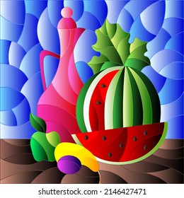 Stained glass illustration with still life, jug and sliced ripe watermelon, square image