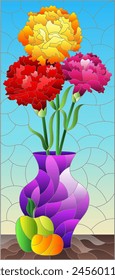 Stained glass illustration with still life, carnations in a vase and fruits on a blue background