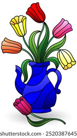 Bunte Glasgrafik mit Stillleben, Vase mit Blumen und Früchten einzeln auf weißem Hintergrund