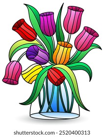 Bunte Glasgrafik mit Stillleben, Vase mit Tulpenblumen einzeln auf weißem Hintergrund