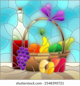 Stained glass illustration with still life, wine bottle and fruit basket, square image