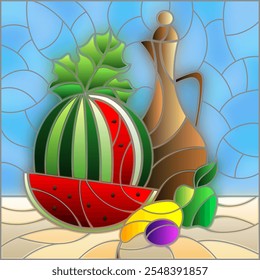 Stained glass illustration with still life, jug and sliced ripe watermelon, square image