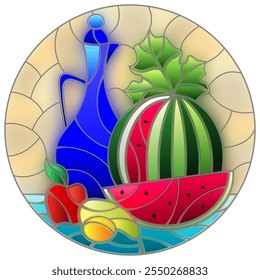 Stained glass illustration with still life, jug and sliced ripe watermelon, round image